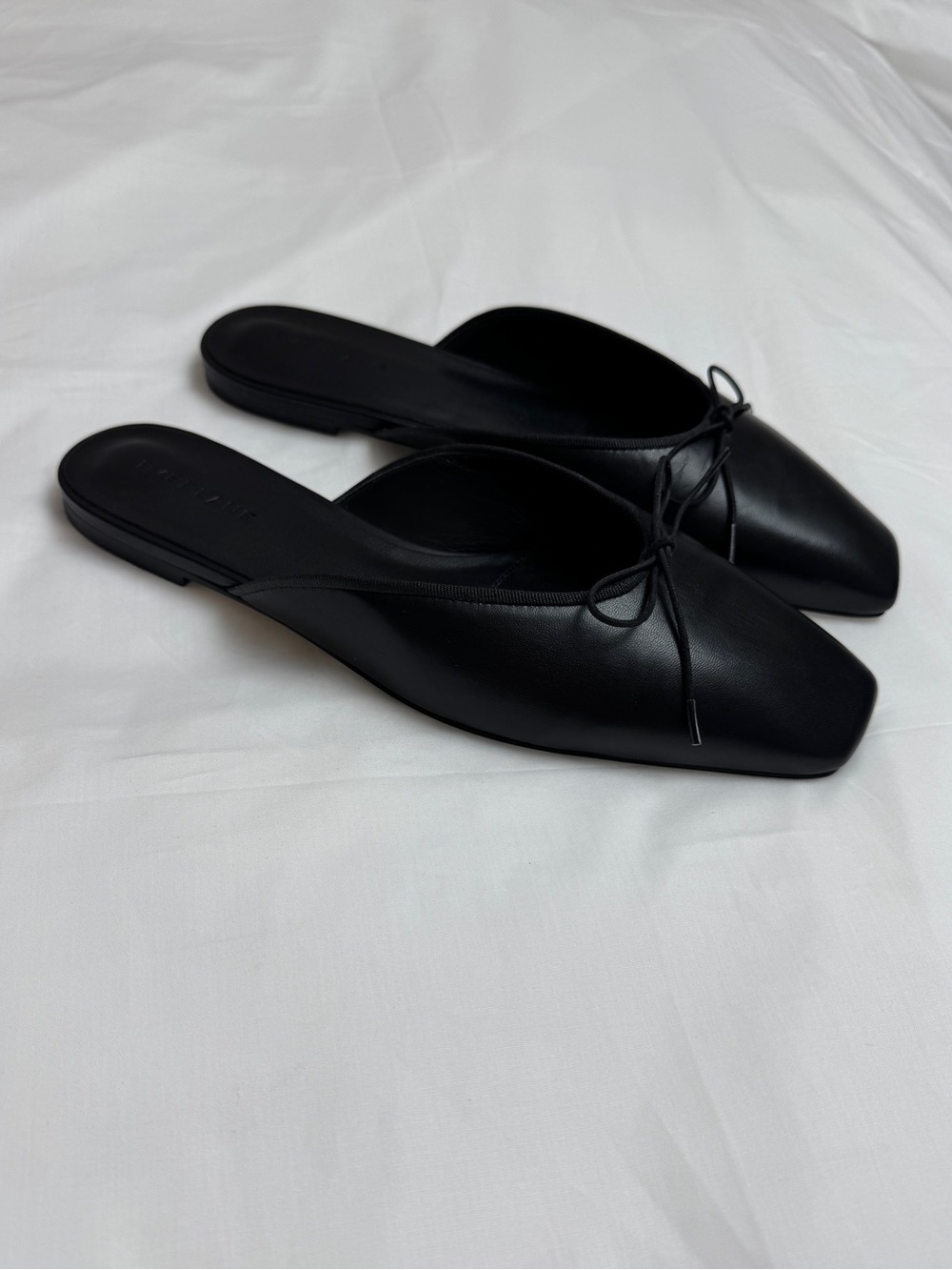 Everlane Black Leather Ballet Mule Flats Size 9 Minimalist Square Toe Bow - Picture 6 of 13